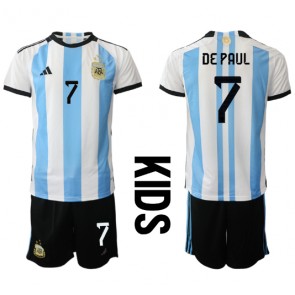 Argentina Rodrigo de Paul #7 Hjemmebanesæt Børn VM 2022 Kort ærmer (+ korte bukser)